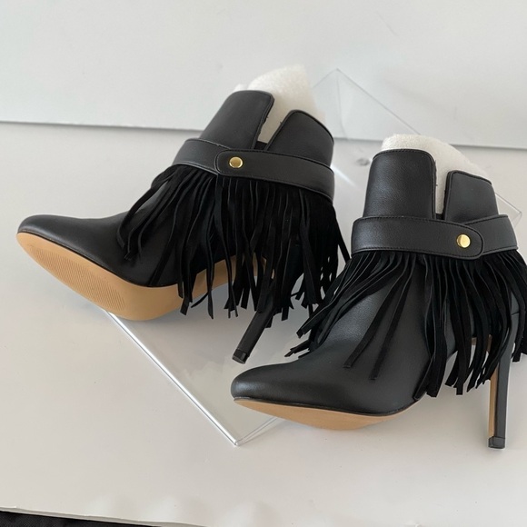 June Ambrose Black Leather Ankle Boots Platform Heels Fringe Tassel Bootie, 6.5W - Picture 8 of 10